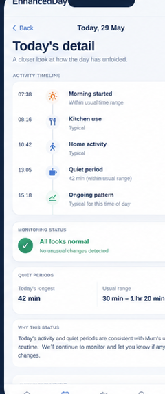 Supporting detail screen showing a selected day, activity timeline, monitoring status and explanation