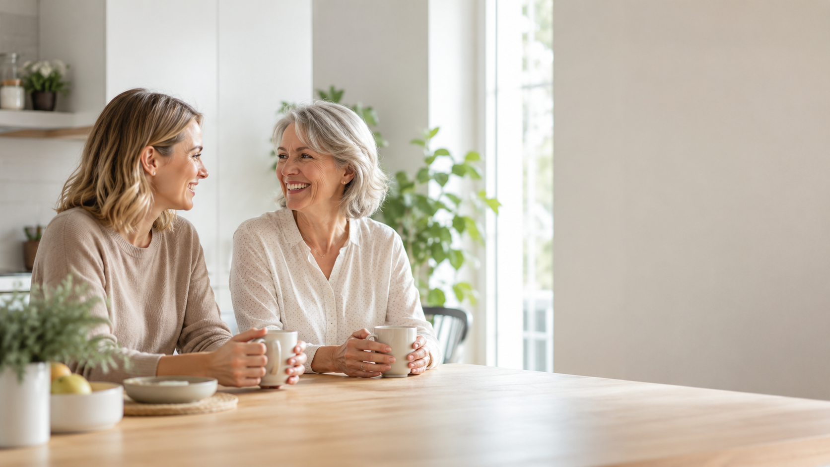 Older parent and adult daughter talking together over tea at home