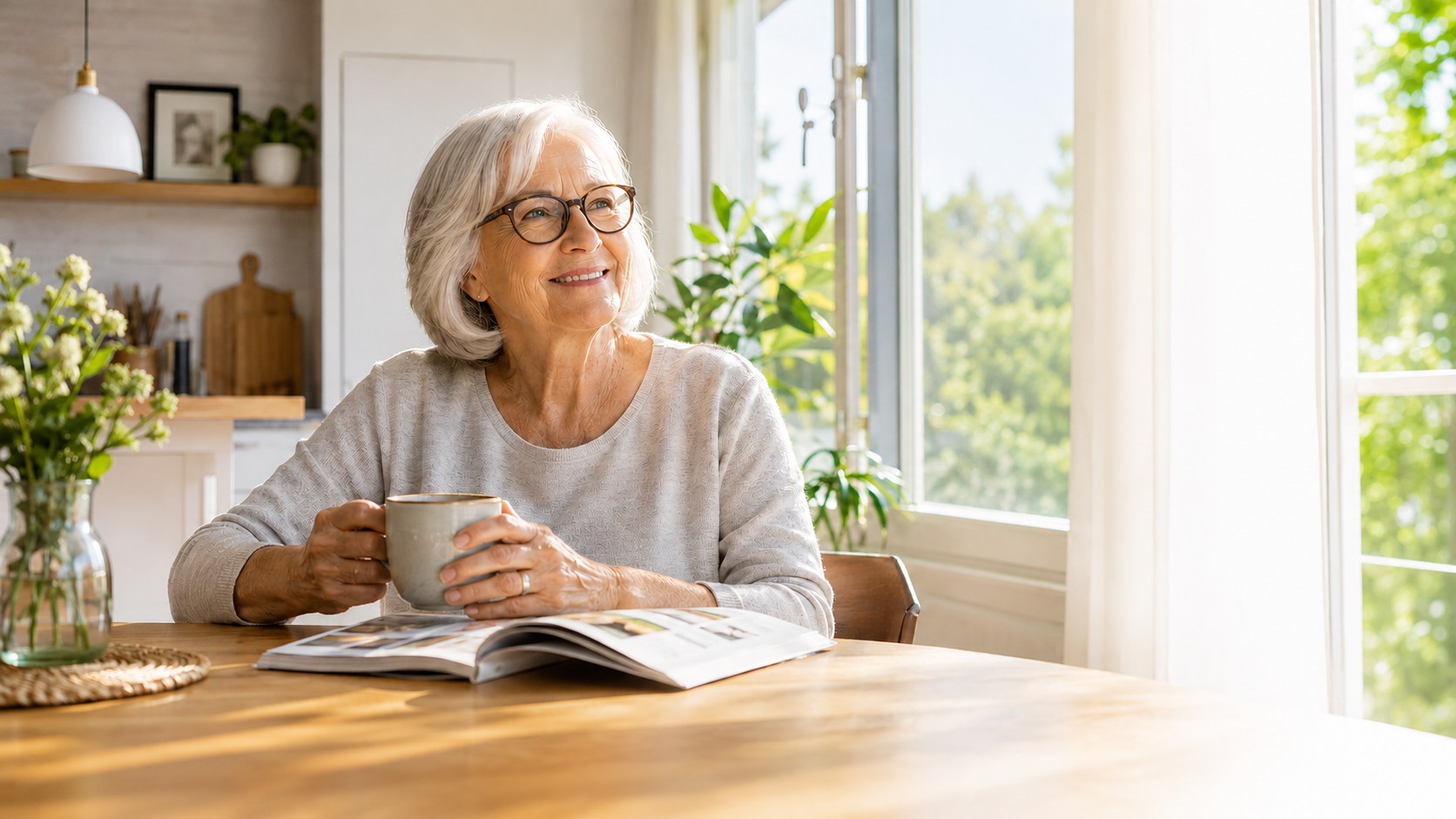 Older woman at home enjoying a calm morning routine