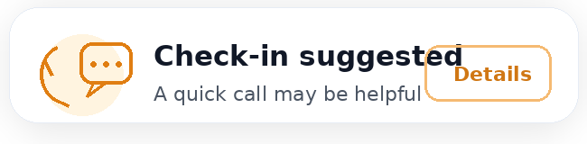 Check-in suggested. A quick call may be helpful.